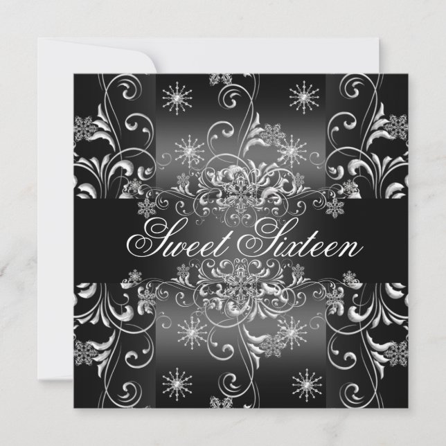 Sweet 16 Black & White Snowflake Birthday Invite (Front)