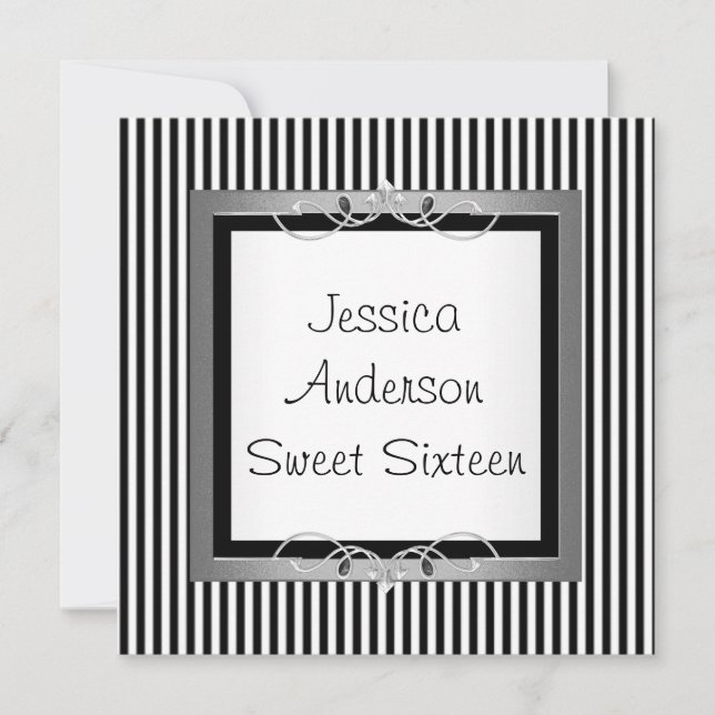 Sweet 16 Black & White Stripe Jewel Frame Party Invitation (Front)