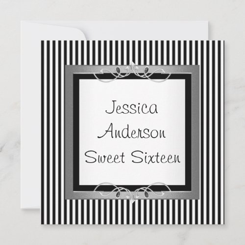 Sweet 16 Black &amp; White Stripe Jewel Frame Party Announcement