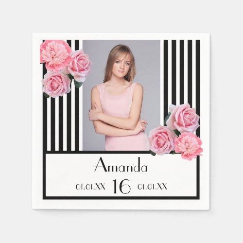 Sweet 16 black white stripes floral photo napkins