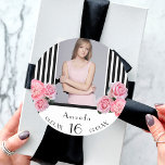 Sweet 16 black white stripes flowers photo classic round sticker<br><div class="desc">Elegant, glamorous and feminine for a girl's 16th birthday party. Classic and chic slim black and white vertical stripes. Decorated with pink flowers, peonies and roses. Templates for a name, age 16 , date of birth and the date of the anniversary. Template for your own vertical sized photo. Girly and...</div>