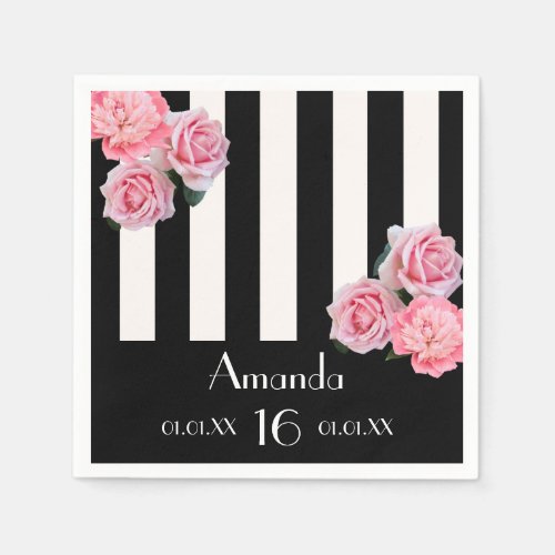 Sweet 16 black white stripes pink floral napkins