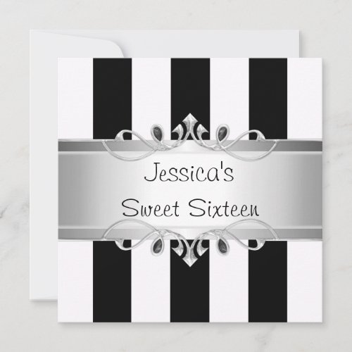 Sweet 16 Black &amp; White Stripes Silver Jewel Party Personalized Invitations