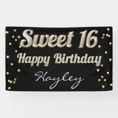 Sweet 16 Bling Typography Gold Confetti Black Banner