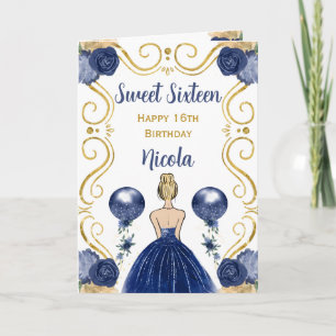 Sweet 16 Blonde Princess Navy Happy Birthday Card