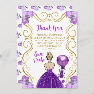 Sweet 16 Blonde Princess Purple Happy Birthday Thank You Card
