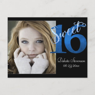 Sweet 16 Blue 16th Birthday Photo Keepsake Invitation Postcard