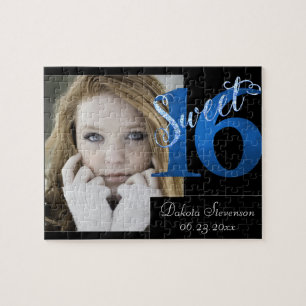 Sweet 16 Blue 16th Birthday Photo Keepsake Jigsaw Puzzle