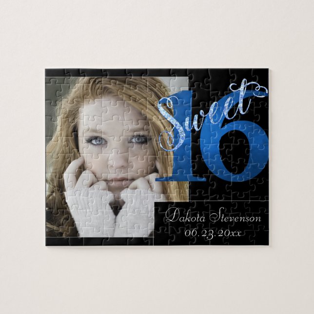 Sweet 16 | Blue 16th Birthday Photo Keepsake Jigsaw Puzzle (Horizontal)