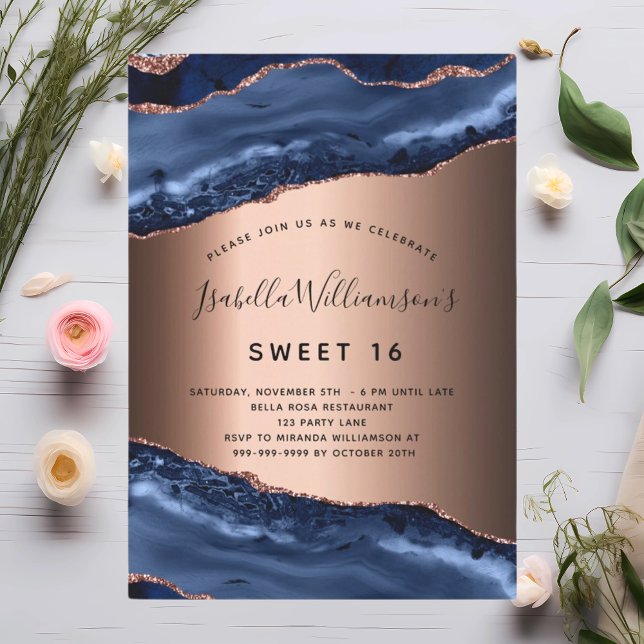 Sweet 16 blue agate marble rose gold invitation (Creator Uploaded)