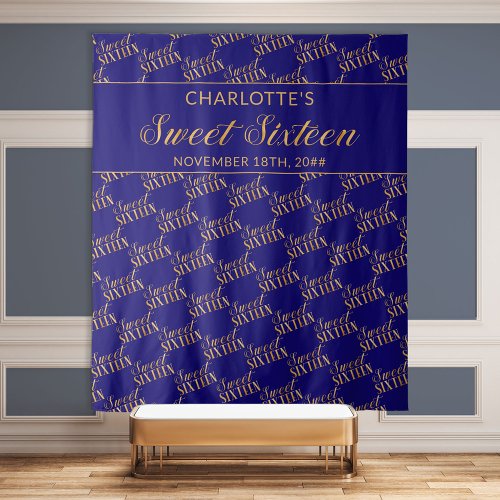 Sweet 16 Blue and Gold Birthday Party Backdrop