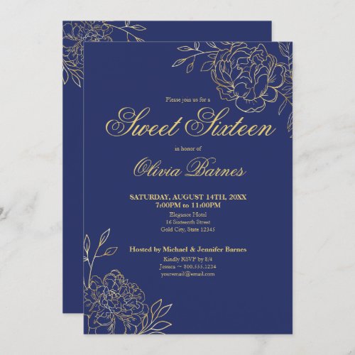 Sweet 16 Blue and Gold Line Art Flowers Floral Invitation