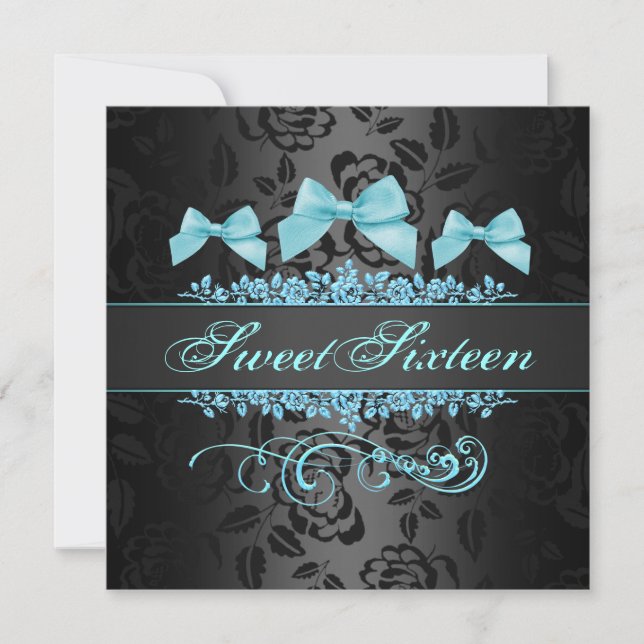 Sweet 16 Blue & Black Bow Birthday Invitation (Front)