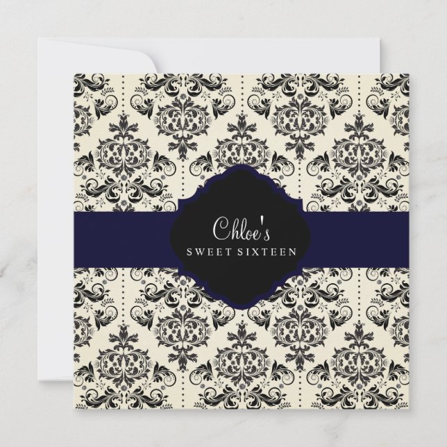 Sweet 16 | Blue & Black Damask Invitation (Front)
