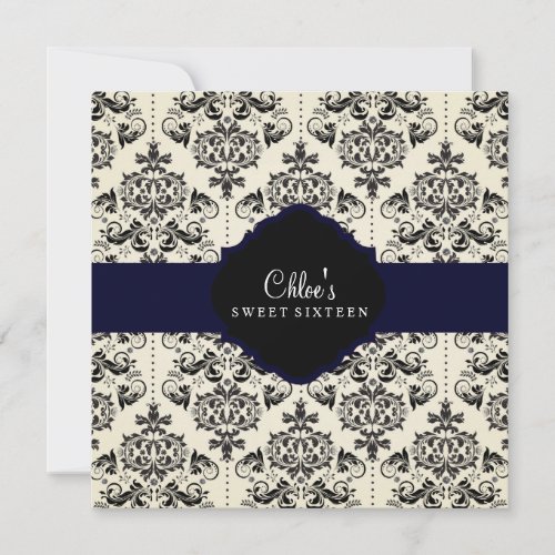Sweet 16 | Blue &amp; Black Damask Invitation