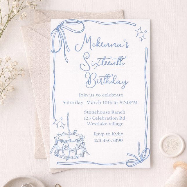 Sweet 16 Blue Bow Birthday Invitation – Elegant  (Creator Uploaded)