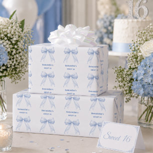Sweet 16 blue bow white wrapping paper sheets