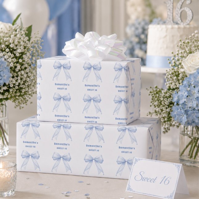 Sweet 16 blue bow white wrapping paper sheets (Creator Uploaded)