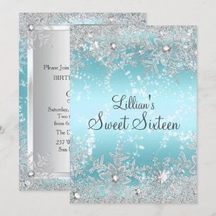 Sweet 16 Blue Diamond Snowflake Winter Wonderland Invitation