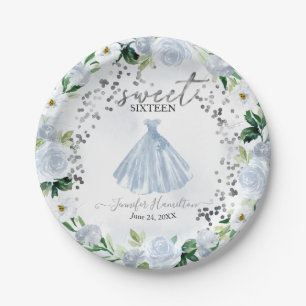 Sweet 16 Blue Floral Pink Dress Paper Plates