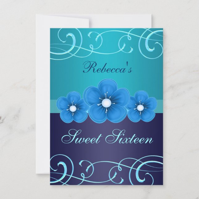Sweet 16 Blue Flower & Tiara Birthday Invite (Front)