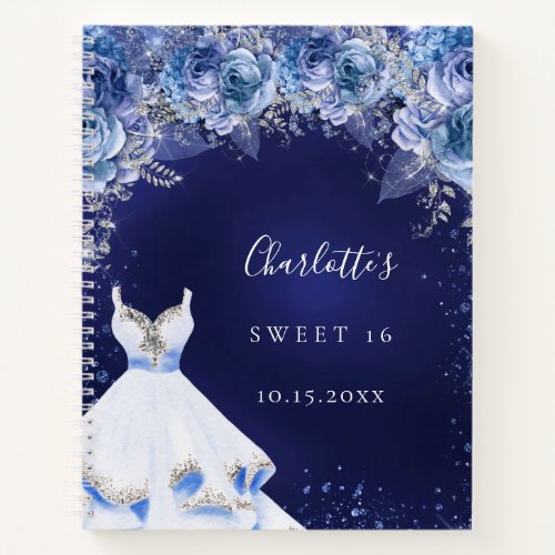 Sweet 16 blue glitter dress floral guest book
