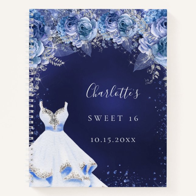 Sweet 16 blue glitter dress floral guest book (Front)
