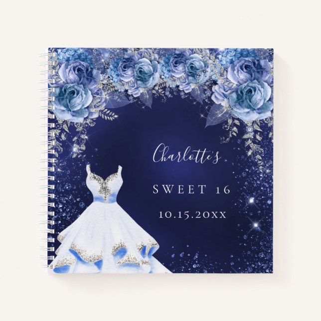 Sweet 16 blue glitter dress floral guest book (Front)
