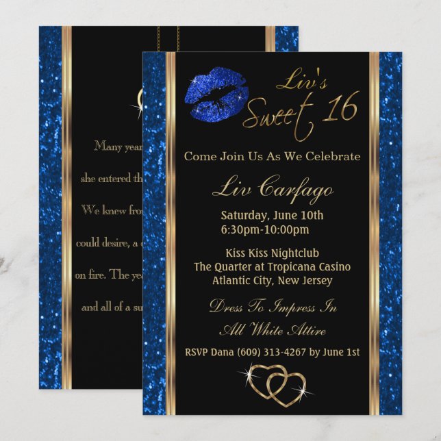 Sweet 16 Blue Glitter Invitation (Front/Back)