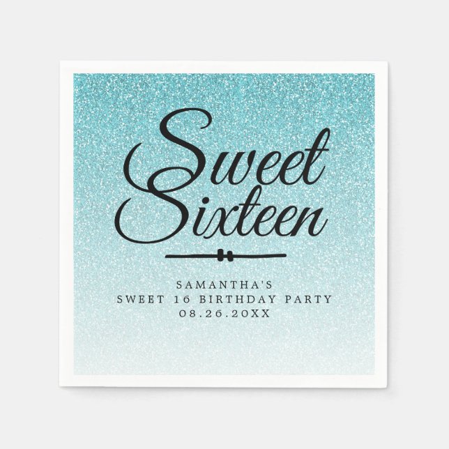 Sweet 16 Blue Glitter Ombre Custom 16th Birthday Napkins (Front)
