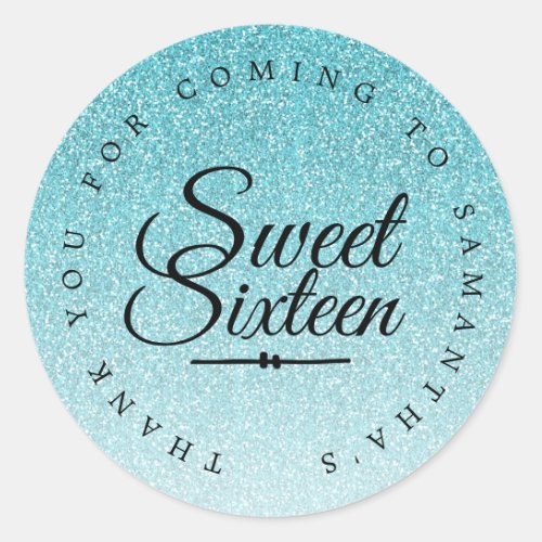 Sweet 16 Blue Glitter Ombre Thank You Custom Name Classic Round Sticker