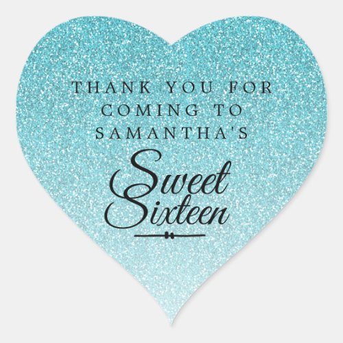 Sweet 16 Blue Glitter Ombre Thank You Custom Name Heart Sticker
