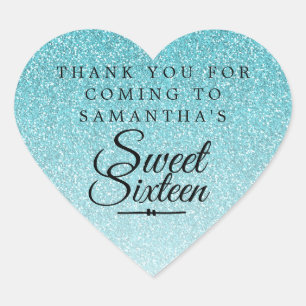 Sweet 16 Blue Glitter Ombre Thank You Custom Name Heart Sticker
