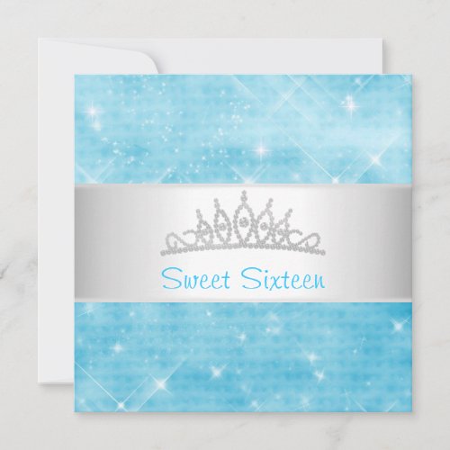 Sweet 16 Blue Glitter Silver Jewel Tiara Party 16 Invitation