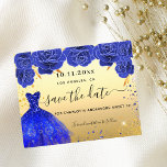 Sweet 16 blue gold dress budget save the date<br><div class="desc">A girly and trendy Save the Date for a Sweet 16, 16th birthday party. A faux gold background decorated blue roses, golden and blue colored faux glitter sparkles and a royal blue dress. Personalize and add a date and name/age. The text: Save the Date is written with a large trendy...</div>