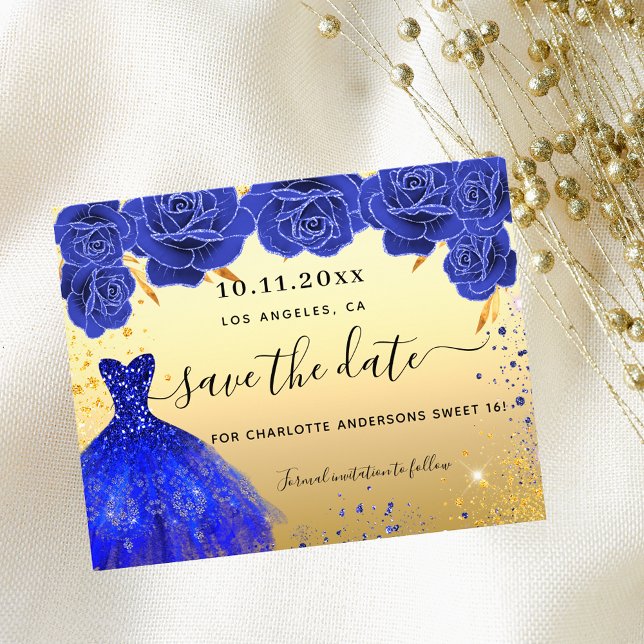 Sweet 16 blue gold dress budget save the date (Creator Uploaded)