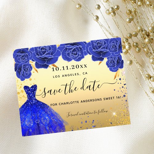 Sweet 16 blue gold dress budget save the date flyer