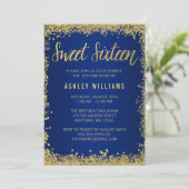 Sweet 16 Blue Gold Glitter Birthday Invitation (Standing Front)