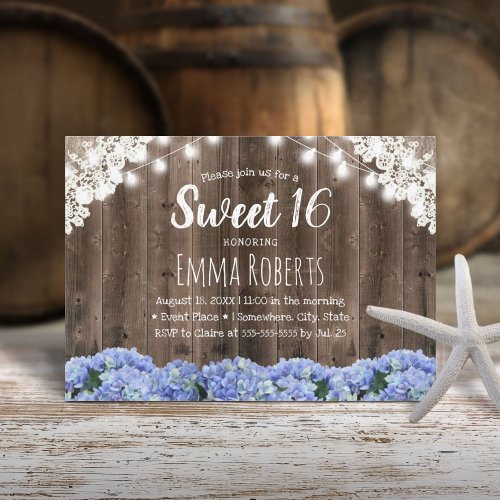 Sweet 16 Blue Hydrangea Flowers String Lights Invitation