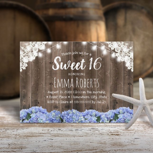 Sweet 16 Blue Hydrangea Flowers String Lights Invitation (Creator Uploaded)