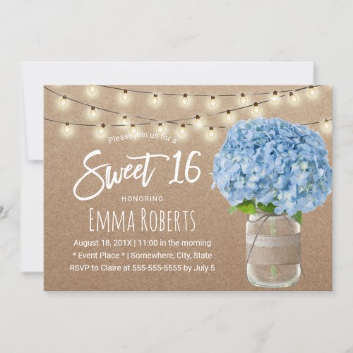 Sweet 16 Blue Hydrangea String Lights Rustic Kraft Invitation