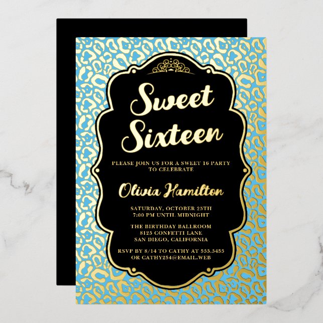 Sweet 16 Blue Leopard Foil Invitation (Front/Back)