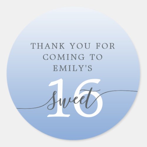 Sweet 16 Blue Ombre Thank You Custom Name  Classic Round Sticker
