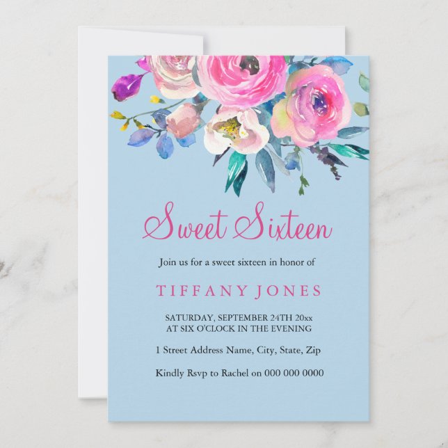 Sweet 16 Blue & Pink Floral Watercolor Invite (Front)