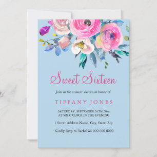 Sweet 16 Blue & Pink Floral Watercolor Invite