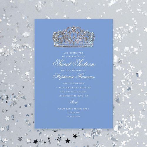 Sweet 16 Blue Princess Crown Milestone Birthday Invitation