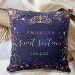 Sweet 16 blue rose gold tiara name script throw pillow<br><div class="desc">For an elegant Sweet 16,  16th birthday.  A stylish blue background color,  the blue color is uneven. Decorated with rose gold faux glitter dust,  a tiara crown. Personalize and add a name and a date. Sweet sixteen is written with a modern hand lettered style script with swashes.</div>