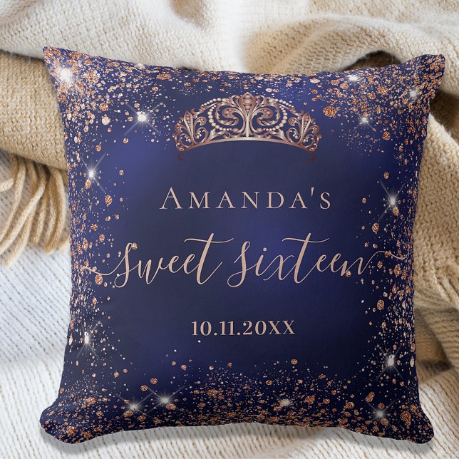 Sweet 16 blue rose gold tiara name script throw pillow (Creator Uploaded)