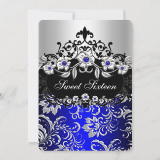 Sweet 16 Blue Silver Black Floral Jewel Party Invitation