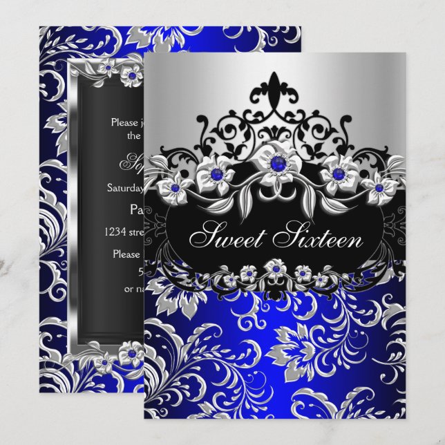 Sweet 16 Blue Silver Black Floral Jewel Party Invitation (Front/Back)